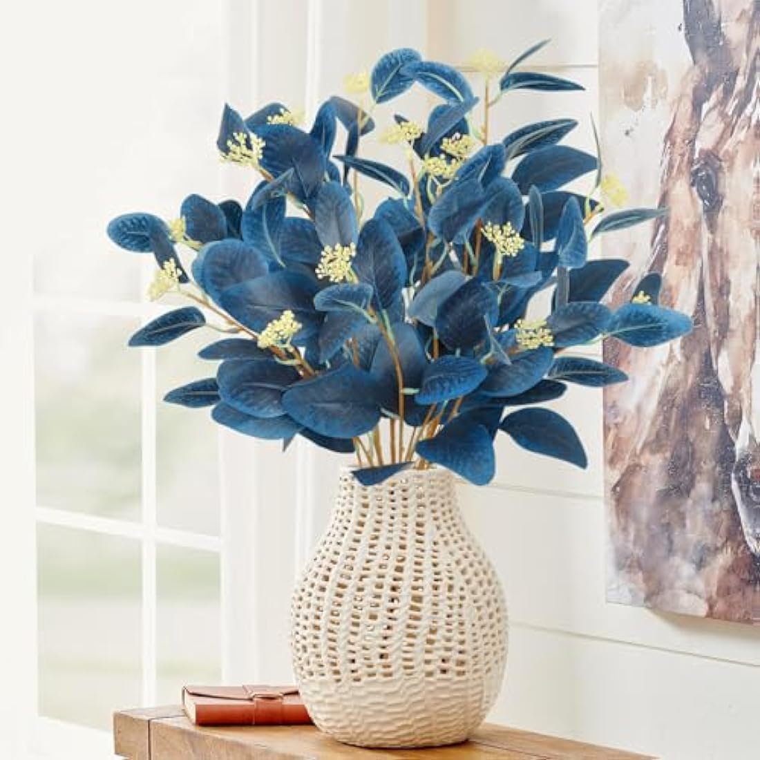 UXORSN 6PCS Artificial Eucalyptus Stems Leaves Blue Faux Eucalyptus Plant Spray Greenery Stem Branches with Seeds Silver Dollar Foliage for Wedding Vase Flower Arrangement Party Decor