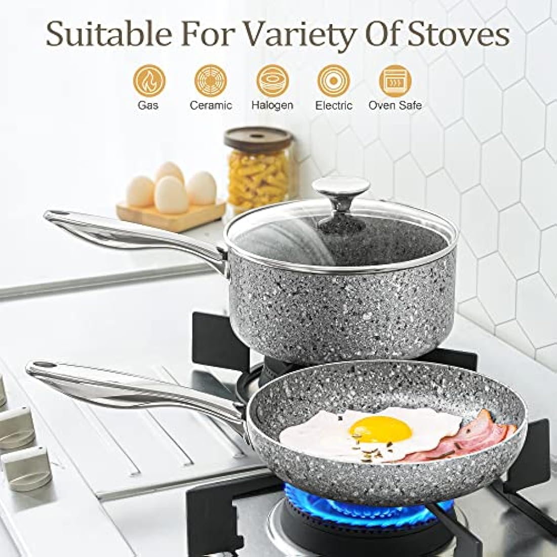 MICHELANGELO Frying Pan with Lid 28cm, Non Stick Fry Pan, Granite Frying Pans with Stone-Derived Coating, Stone Skillet for Induction, Oven Safe