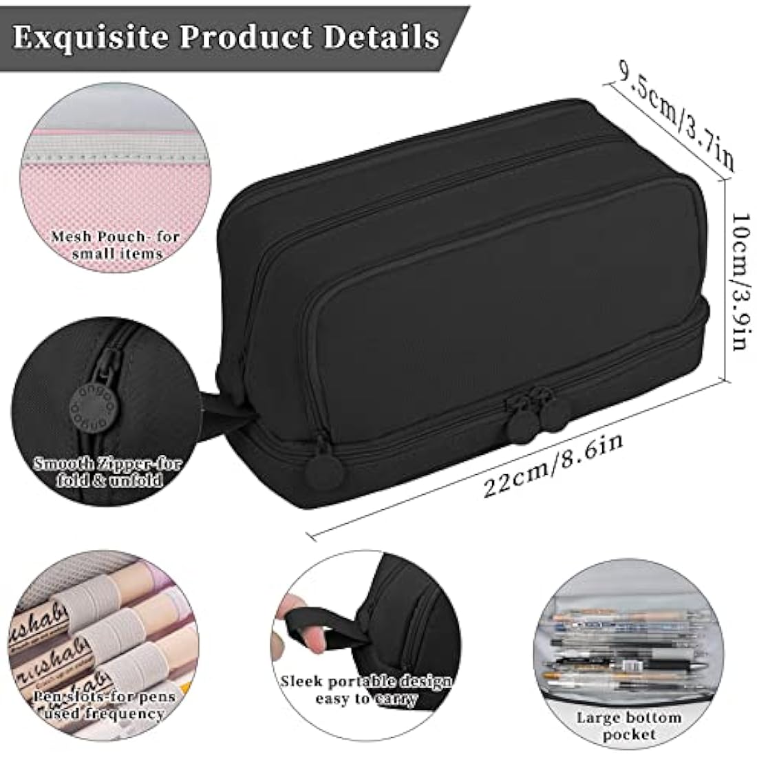 Tesmien Pencil Case, Large Pencil Case with 4 Compartments Stationery Organizer for Boys and Girls, Aesthetic Pencil Bag Suitable for Kids Teenagers Students Women Men, Black