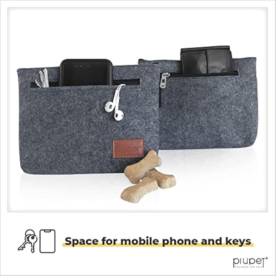 PiuPet® Dog treat pouch I With 3 pockets I Magnetic closure I Dog walking bag I Dog treat bag I Dog food pouches in felt-look I Dog training treat pouch