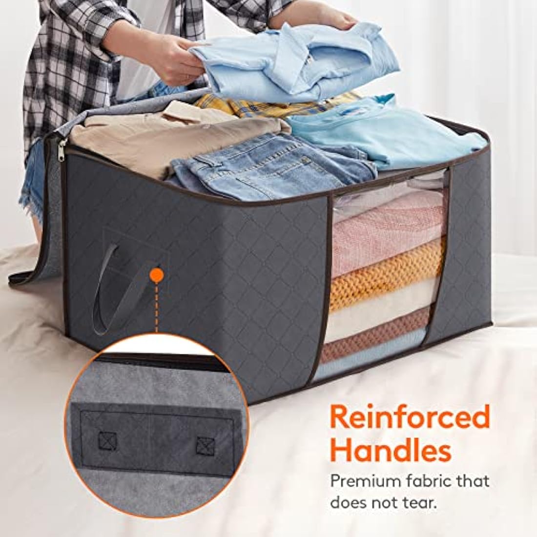 Lifewit 95L Clothes Storage Bags Large Storage Box With Lid Packing Boxes for Moving House With Reinforced Handle Thick Fabric Clear Window for Clothes Duvet Blankets Bedding, 8 Pack, Grey