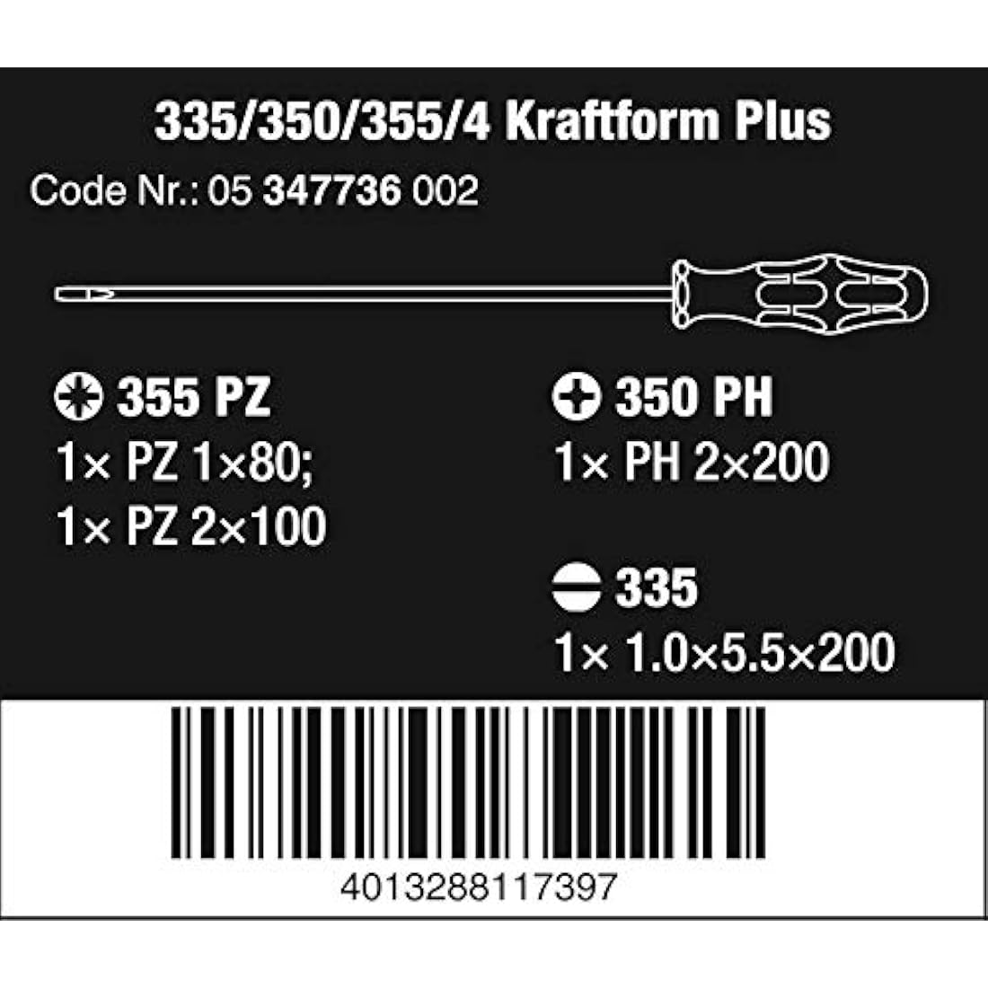 Wera 335/350/355/4 Kraftform Plus Lasertip Screwdriver set, PH/PZ/SL, 4pc, 05347736002