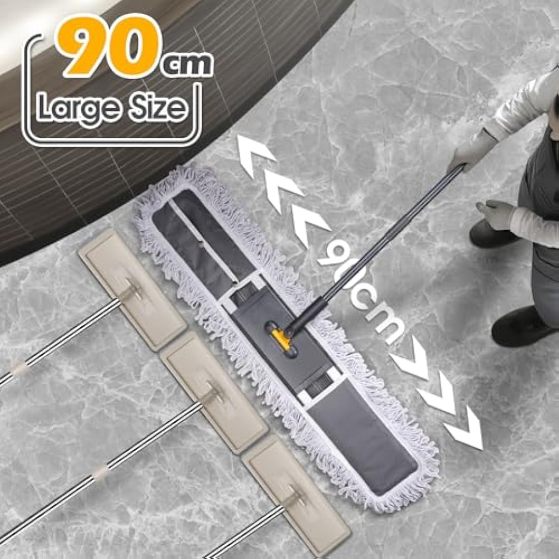 MASTERTOP Heavy Duty Industrial Mop, 90cm Wide Large Commercial Flat Mop with 155cm Telescopic Handle, Dust Sweeper Mops with 3 Reusable Pads, Professional Floor Mops for Warehouse, Office, Hotel