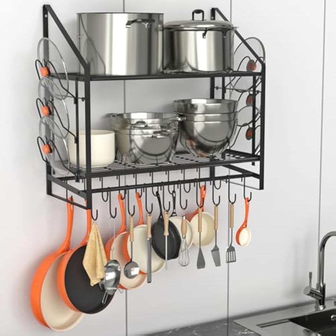 VyGrow 35 Inch Pot Rack Wall Mounted, 2 Tier Pots and Pans Organizer with 20 Hooks and 6 Pot Lid Holders, Heavy Duty Steel Pot and Pan Hanger for Kitchen Cookware Utensils Storage 34.7" Lx13 Wx26.4 H