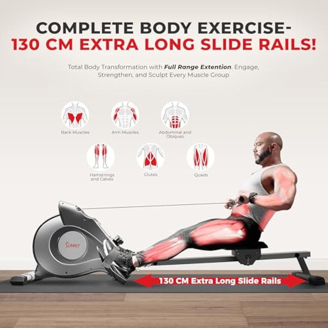 Sunny Health & Fitness Magnetic Rowing Machine with LCD Display for Home Exercise, Foldable and Compact Rowers with Transport Wheels, Full Body Workout Equipment For Home Gym, Optional Extra Long Rail