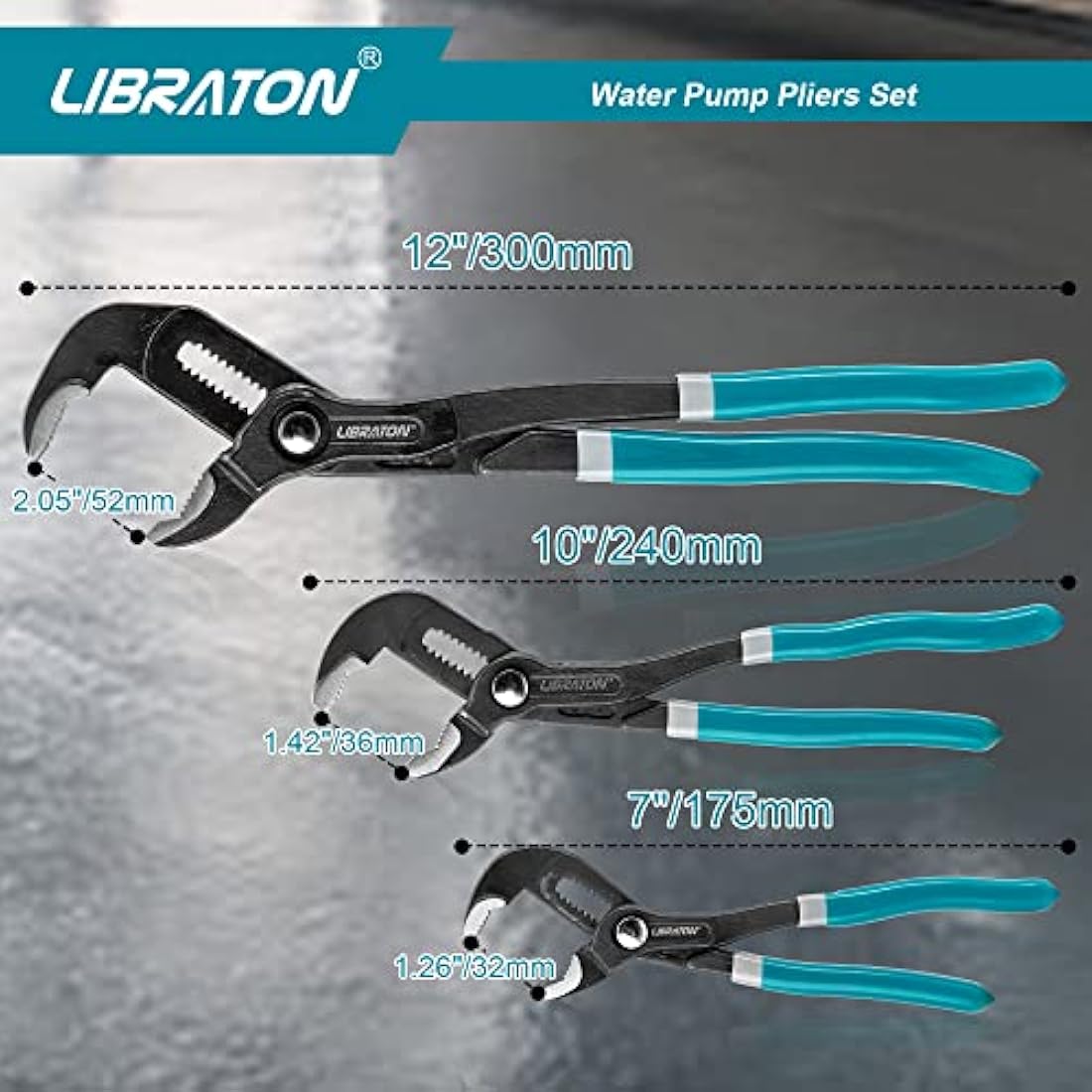 Libraton CR-V Steel Plumbing Pliers Set - Groove Joint & V-Jaw Tongue & Groove Pliers, Pipe Grips, Ratcheting Push Button Adjustment, 3PCS