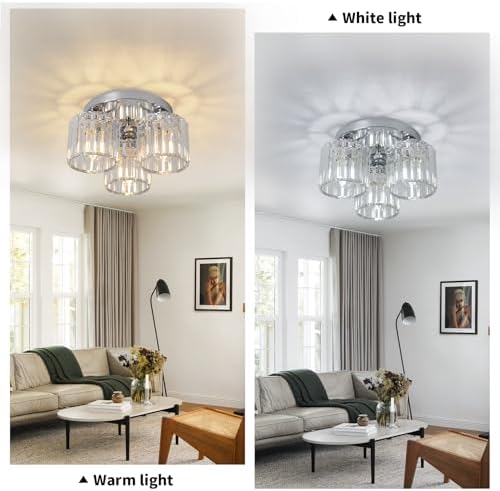 ZYDTRIP Crystal Chandeliers Ceiling Light, 3-Lights Crystal Lights Living Room, Modern Chrome Semi Flush Ceiling Light Fittings for Bedroom, Hallway, Bathroom, Foyer, Kitchen Light Fixture