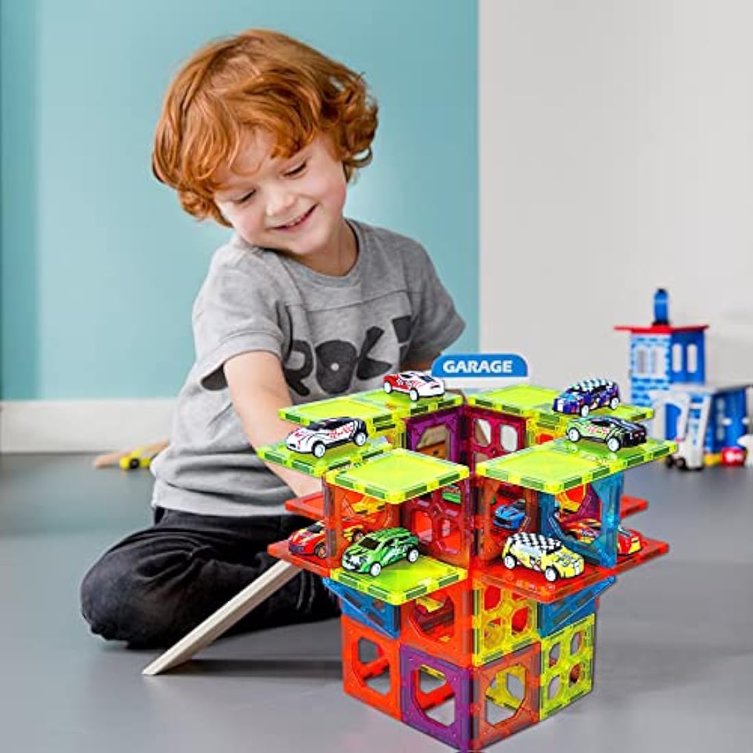 Magnetic Tiles Building Block with 10 Metal Cars for Kids Construction STEM Toy Preschool Creativity Learning Toys Christmas Birthday Gift for Girls Boys Toddlers 3 4 5 6 7 8 Years Old