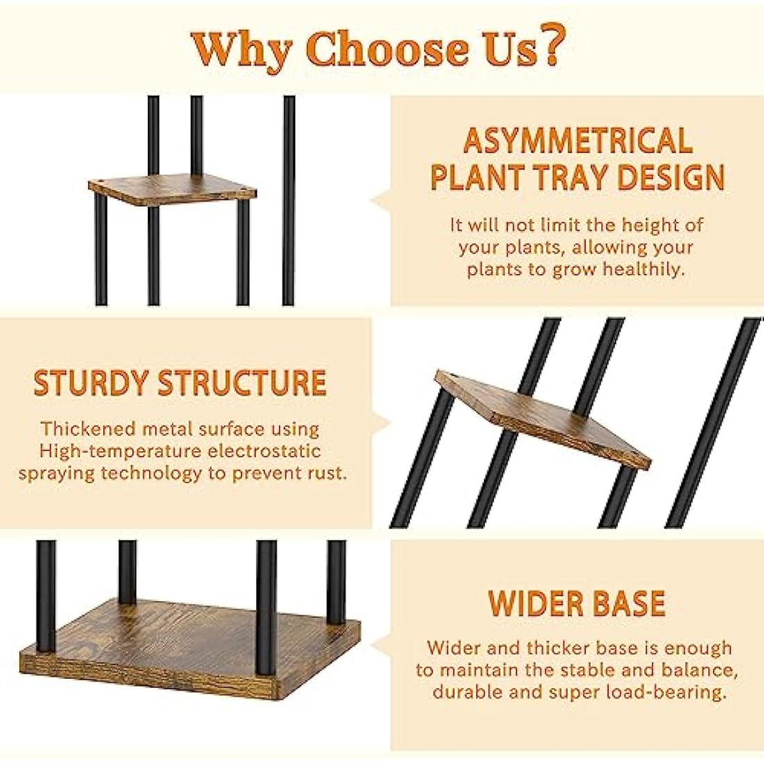 LyTaispuly 3 Tier Plant Stands Indoor Outdoor, Metal Wood Tiered Corner Plant Stand Pot Holder, Wood Flower Shelf Display Rack for Living Room Bedroom Balcony Garden Patio, Black