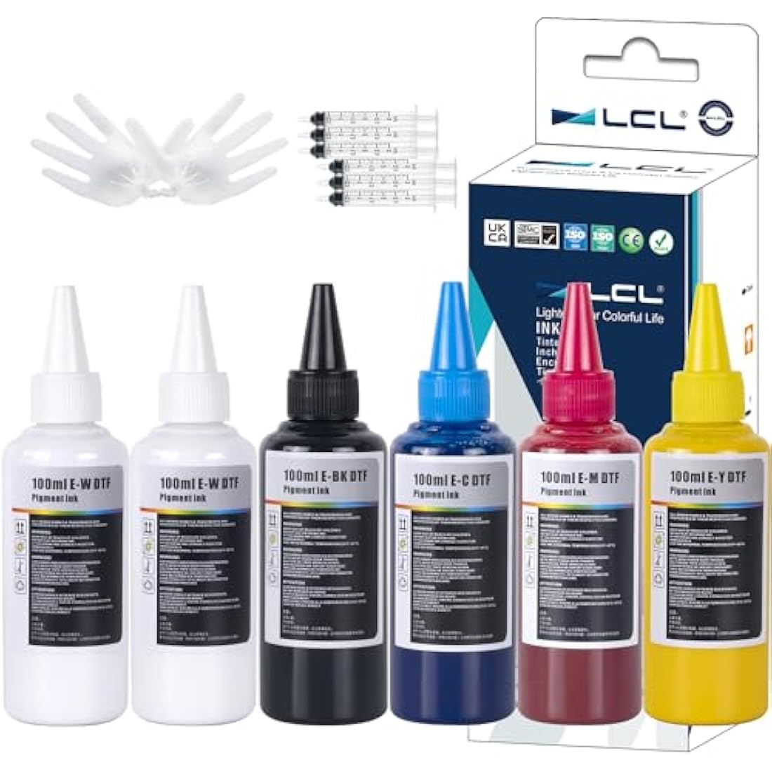LCL 600ML Premium DTF Ink Refill for Inkjet Printers Heat Transfer Film Printing (100ml x 6 CMYK 2Wh) Replacement for Epson L800 L1800 L805 R1390 4720 I3200 XP600 DX7 DX5 5113 1430 TX800P400 P408 P640