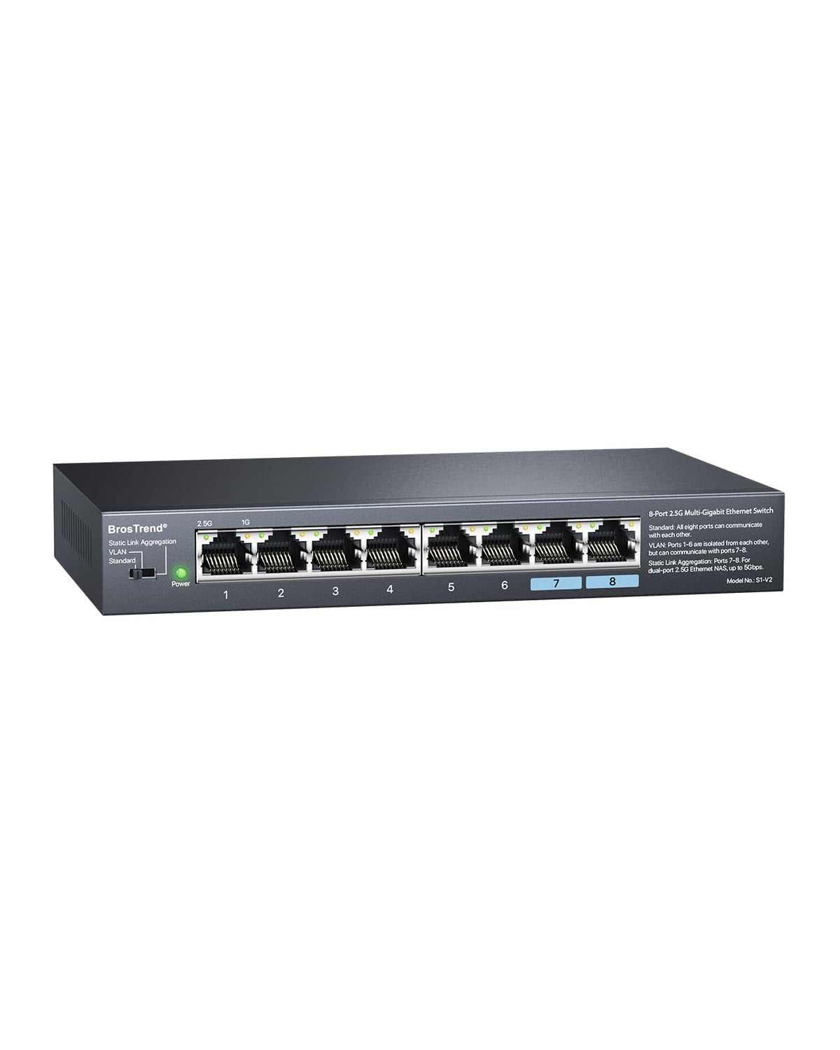 BrosTrend 8 Port 2.5Gb Switch, Unmanaged Network Switch Supports Static Link Aggregation & VLAN Ideal for Gaming NAS PC, Ethernet Splitter Plug & Play