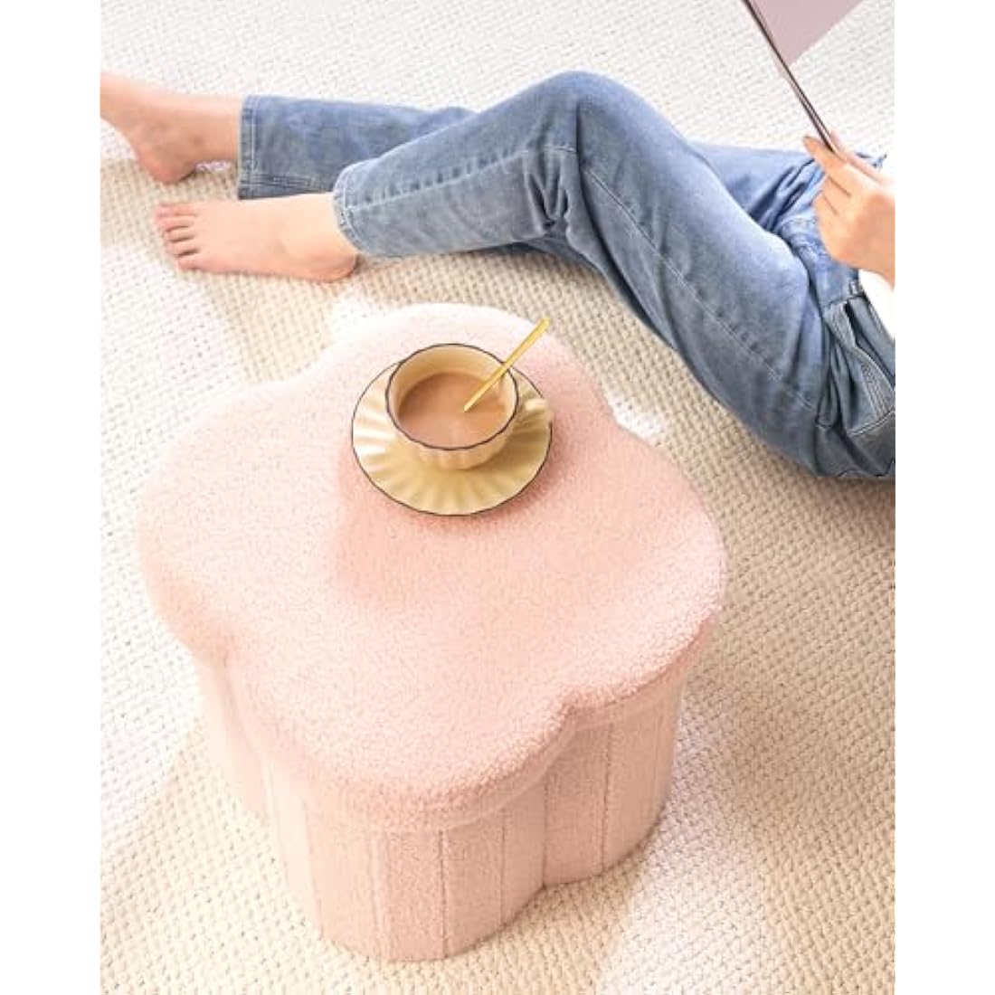 Bonlife Pink Ottoman Storage Box,Folding Storage Seat Box,Small Footstool For Living Room,Kid's Toy Chest Box,Teddy Flower Shape,38x38x38cm