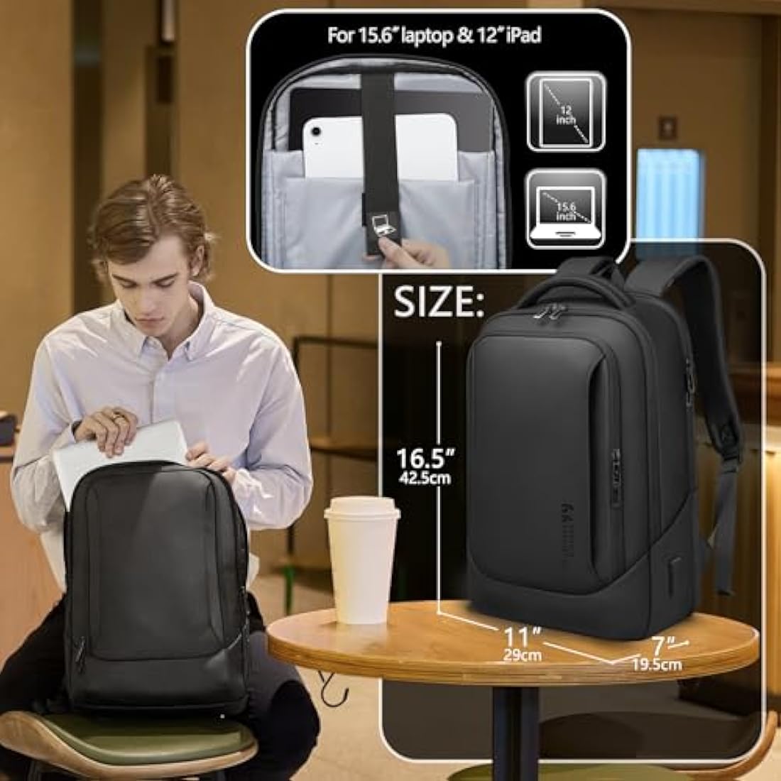 Mens Business Laptop Backpack for 15.6 Inch Large Rucksack with Charging Port Computer Bag Durable Anti-Theft High-Tech Daypack Water-Resistant Casual Daypack for Office College Weekender-Black
