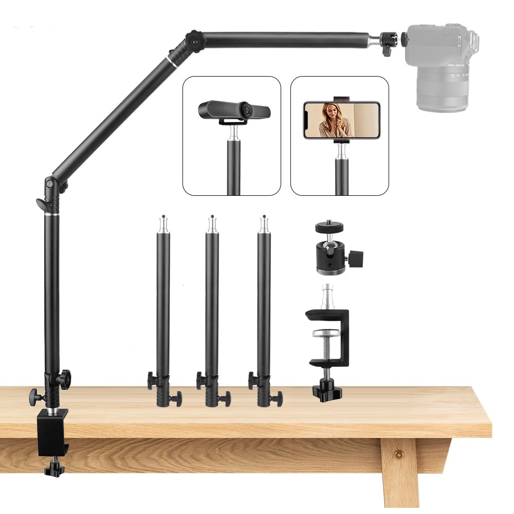 JEBUTU MS05 Overhead Camera Mount, 37-104cm Adjustable Camera Desk Mount, Flexible 3 Section Detachable Articulating Boom Arm, Heavy Duty Desk Tripod