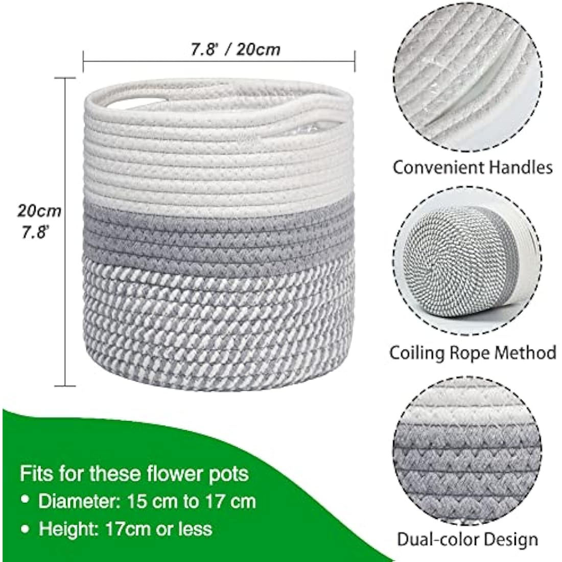tenn well 20cm Plant Pot with Liner, Cotton Indoor Planter Woven Storage Basket for Indoor Plants Flower Pot and Home Decoration (White and Grey)