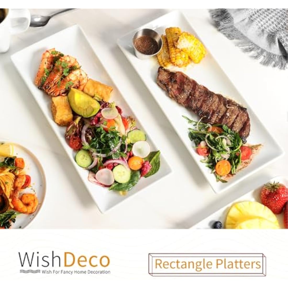 WishDeco Ceramic Serving Platters Set of 3, White Rectangular Plates L35 cm x W15 cm, Large Serving Trays 14 inch, Porcelain Serving Dishes, Party Platters for Dessert, Buffet, Snack, Steak, Fruit