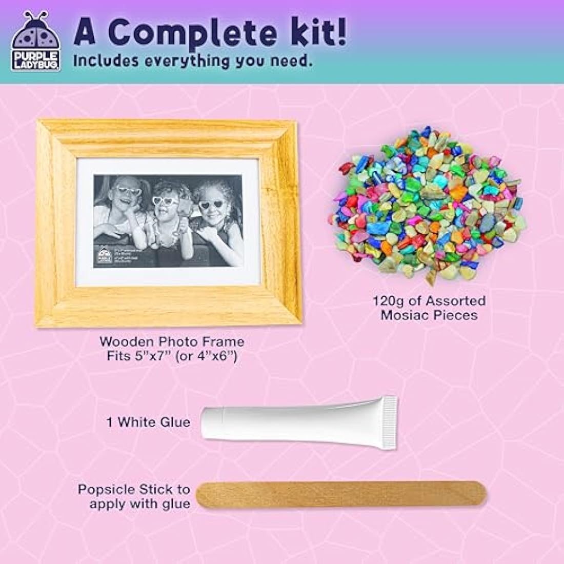 PURPLE LADYBUG Decorate Your Own Mosaic Photo Frame Craft Kits for Kids Age 6+ - 7 Year Old Girl Gifts, Birthday Gifts for 10 Year Olds Girls, DIY Arts and Crafts Activity for Kids Ages 6-10