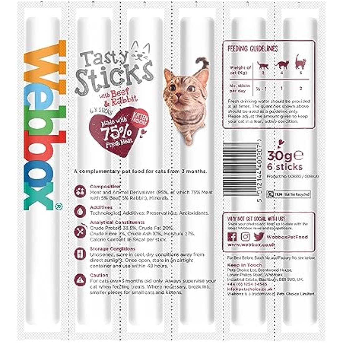 Webbox Tasty Sticks Cat Treats, Beef and Rabbit - Kitten Friendly, Wheat and Grain Free, No Artificial Colours (25 x 6 Packs)