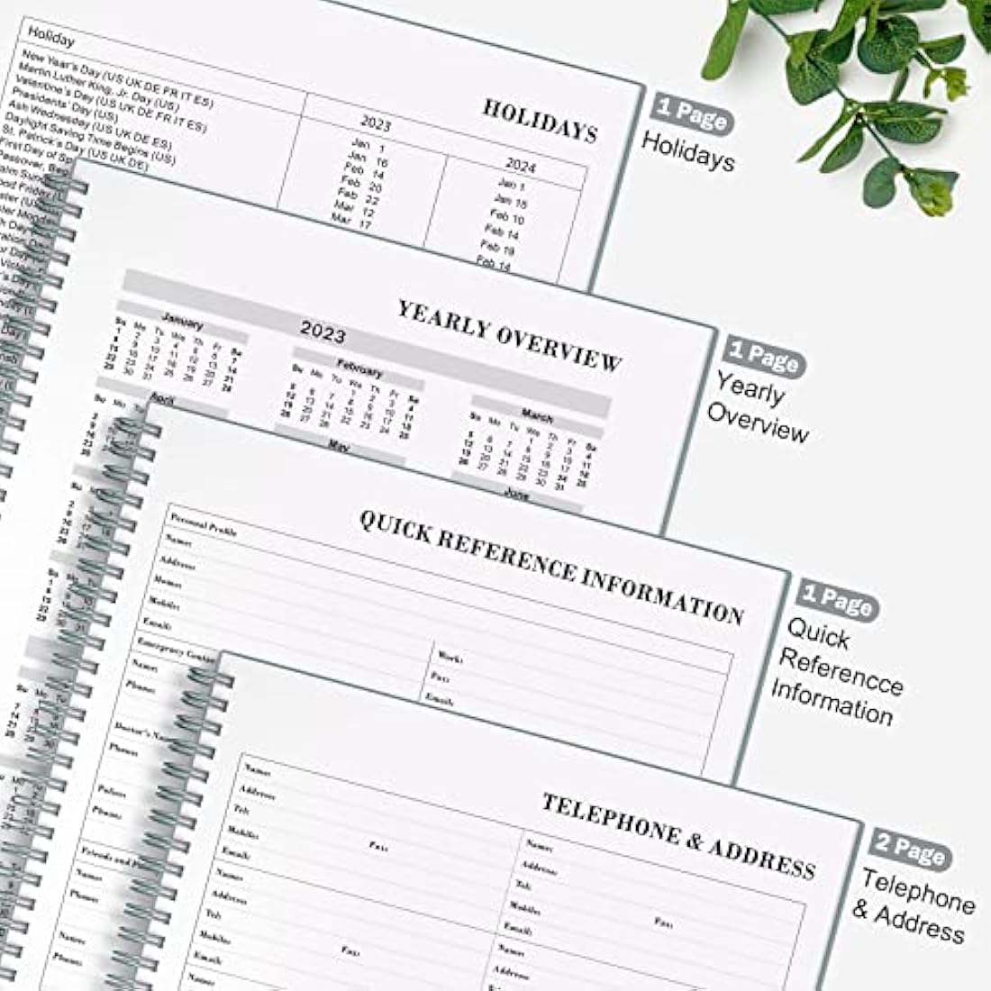 Planner Undated, Asten Daily Planner Agenda with to Do List, Hourly Schedules for Women and Men, Spiral Appointment Book with Elastic Closure, Inner Pocket 21.6 x 28cm (Gray)