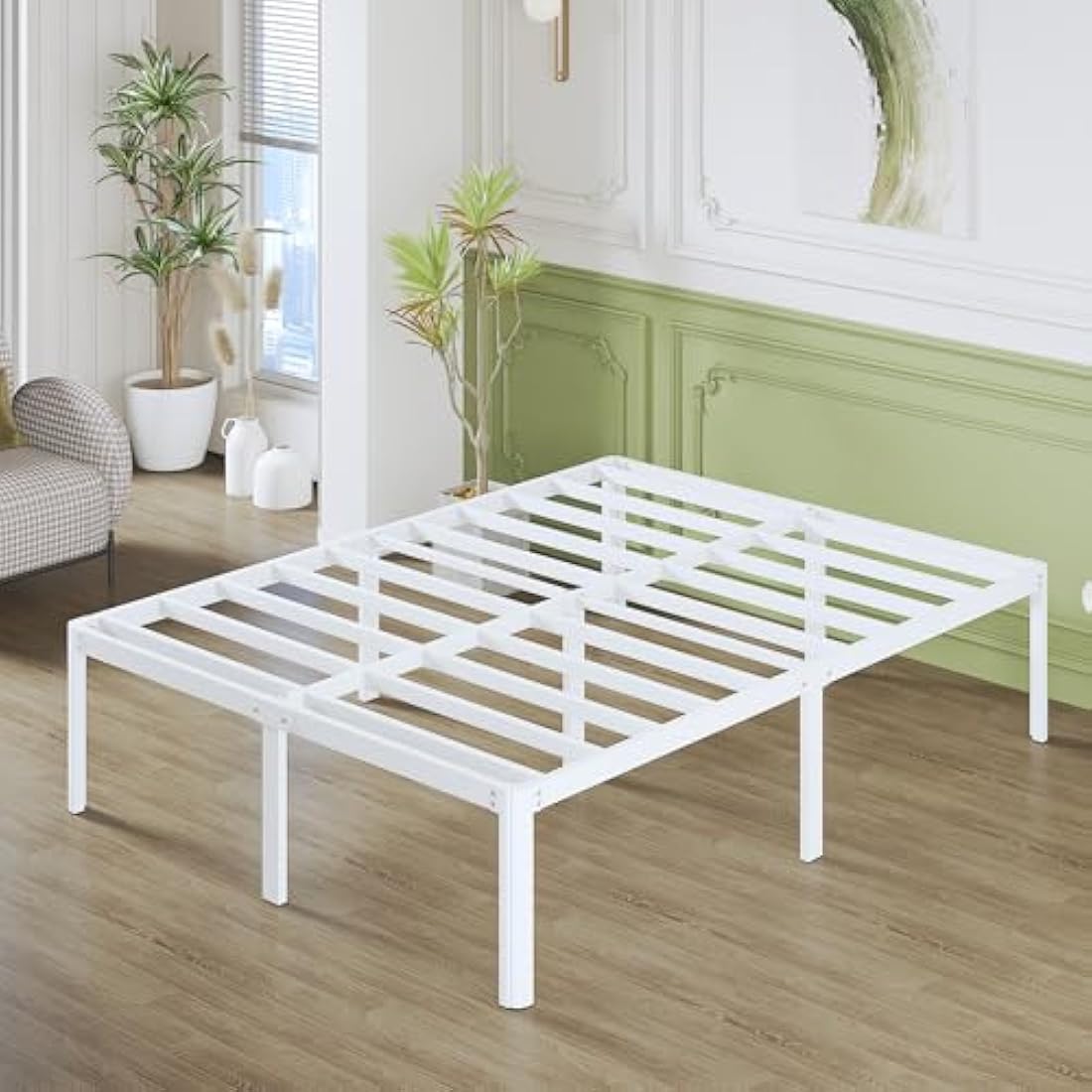 Lutown-Teen High White King Size Bed Frame 5ft with Rounded Corners, Heavy Duty Metal Bed Frames King Size with Steel Slats, 46 cm High, Ample Space Under-bed, Noise Free, Easy Assembly