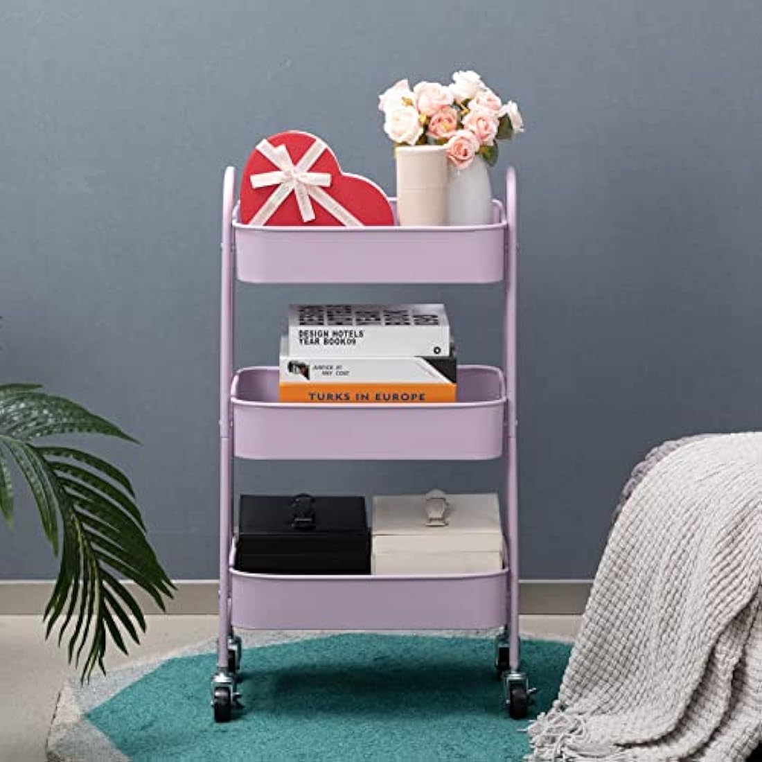 DOEWORKS 3-Tier Storage Cart Rolling Trolley Cart, Metal Utility Shelves with Wheels for Kitchen Makeup Bathroom Office, Light Purple