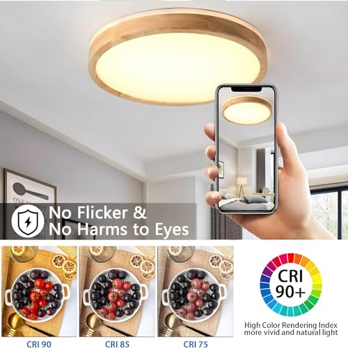 YYUTLUO LED Ceiling Light Wood, Top 360 Glow Round Natural Wooden Lamp | Dimmable with Remote Control 2700K-6500K, 36W | Living Room, Dining Room,