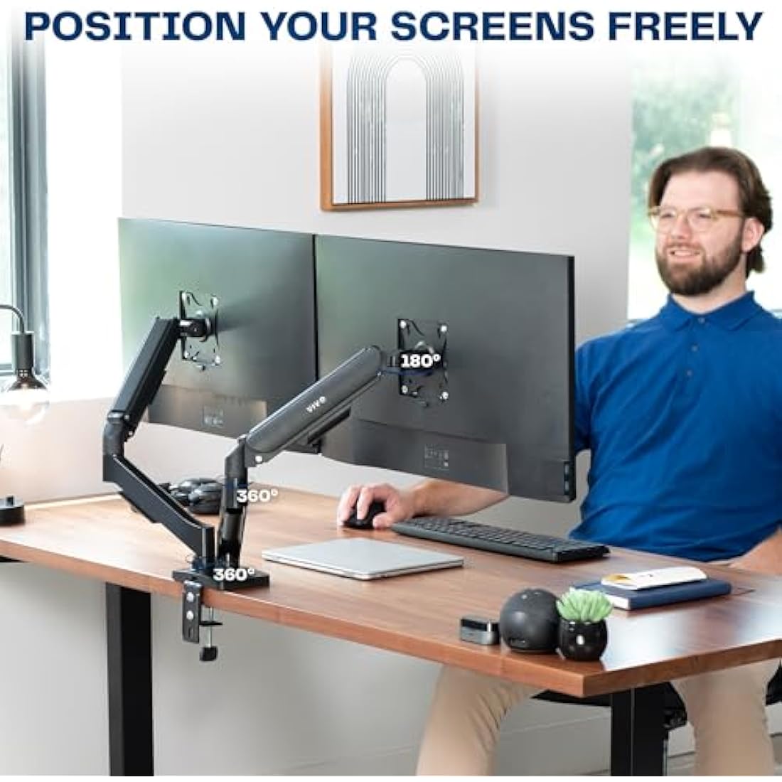 VIVO Dual Arm Monitor Desk Mount Height Adjustable, Tilt, Swivel, Counterbalance Pneumatic Stand, VESA Bracket Arm Fits Most Screens up to 32 inches, Classic, STAND-V002O