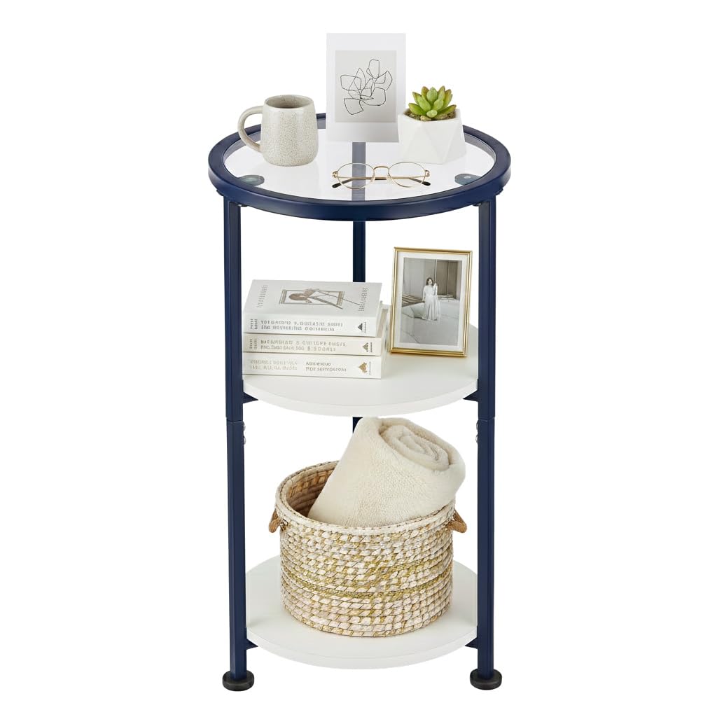 ZEXVIDA 3-Tier Round Side Table with Tempered Glass Top, Navy Blue