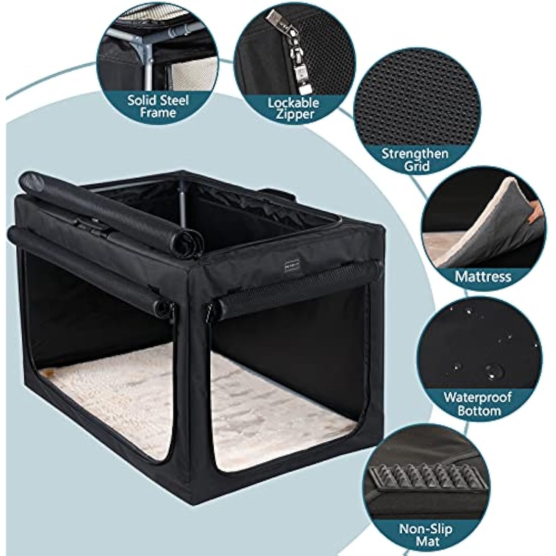 Petsfit Collapsible Dog Crate with Thicken Mat, Adjustable Fabric Sleeve for Perfect Fit, Breathable Mesh Doors, Portable Dog Crate 76 cm L x 50 cm W x 49 cm H Black