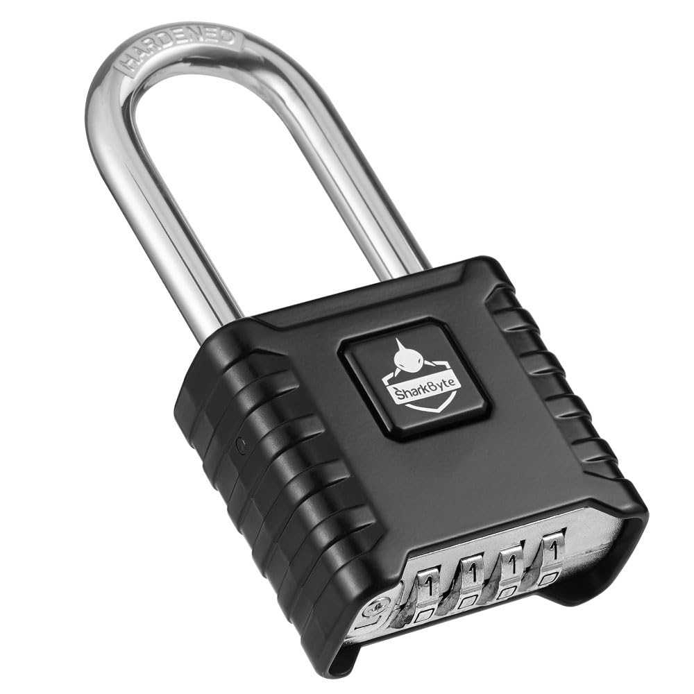 SharkByte Long Shackle Combination Padlock [Weatherproof] 52mm 4-Digit Outdoor Padlock with 8mm Stainless Steel Shackle, Anti-Rust & Resettable Code