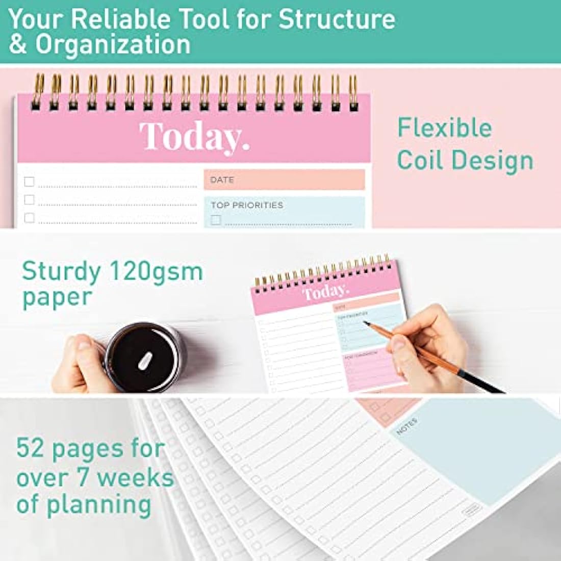 S&O Daily Planner Notepad for Productivity - 52 Page Routine Journal- Undated Writing pad and Organizer – Everyday To-Do List Action list - Coiled Regular Task Checklist- PINK