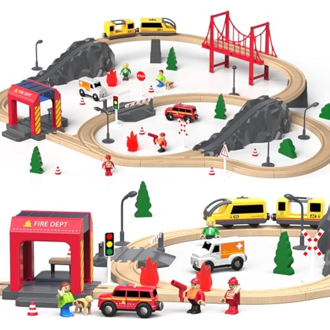 Giant bean Wooden Train Set 72 PCS, Wooden Train Tracks & Train Toys, Toddler Model Train Set, Toy Railway Kit for Kids Age 3 4 5 Year Old,Gift for Boys and Girls (Fire Station Theme)