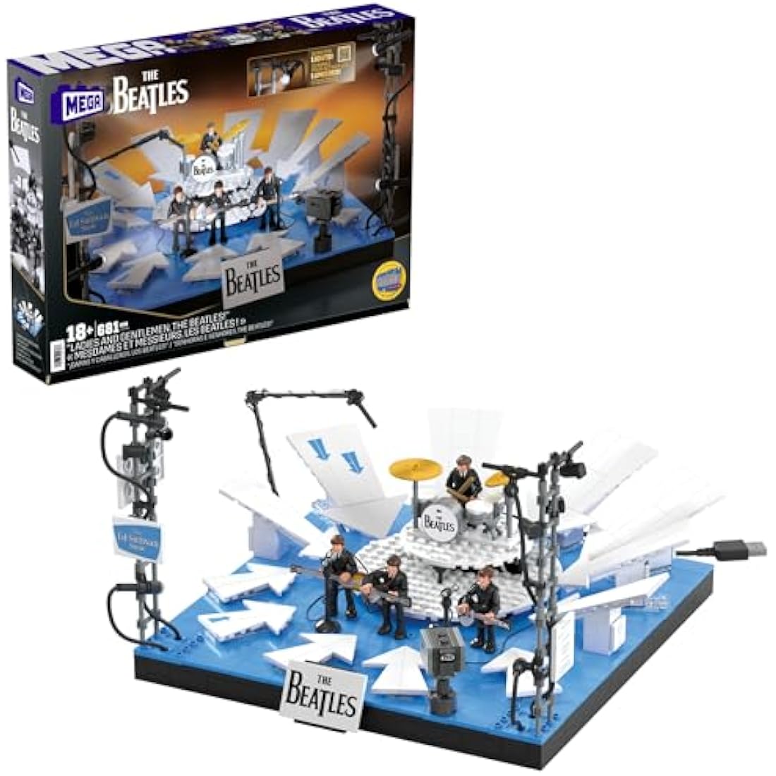 MEGA The Beatles Building Set with 681 Pieces, 4 Poseable Action Figures and Ed Sullivan Stage, with LED Lights, for Adult Collectors, HVH42