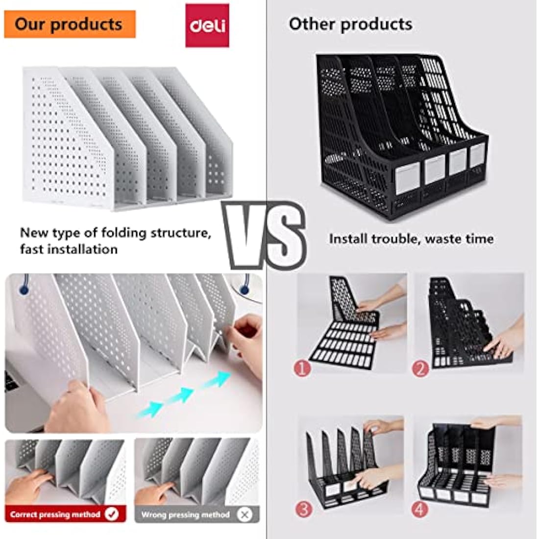 Sivelike A4 File Holder Folding Bookshelf,1 Year Warranty,4 Vertical Compartments magazine file holder,Desk Organizer Document Folder for Office Organization and Storage (Dark gray)