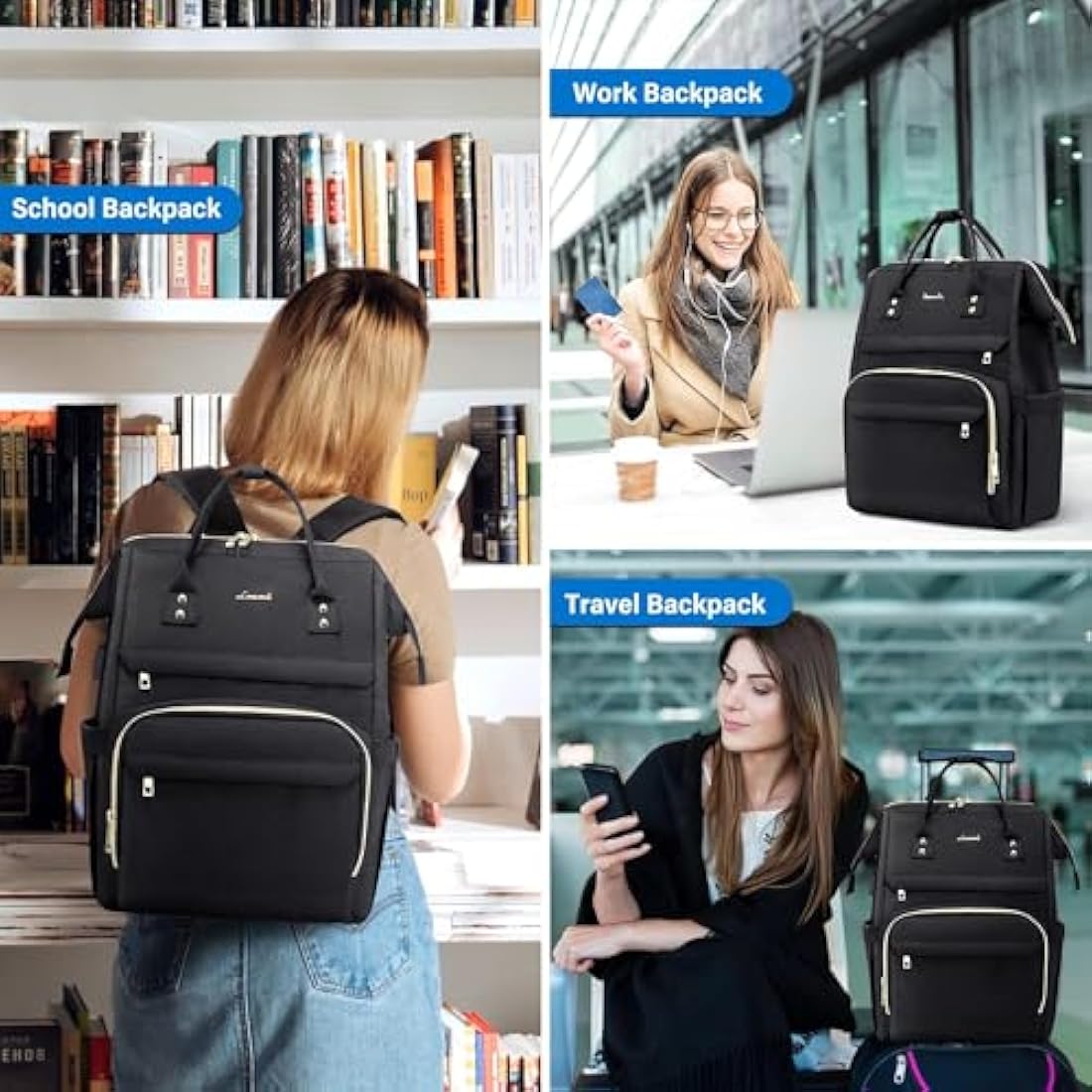LOVEVOOK Laptop Backpack Womens, Large Travel Casual Daypack Waterproof Bag with USB Charging Port, fits 15.6 for Women Work School Business College Rucksack, Black