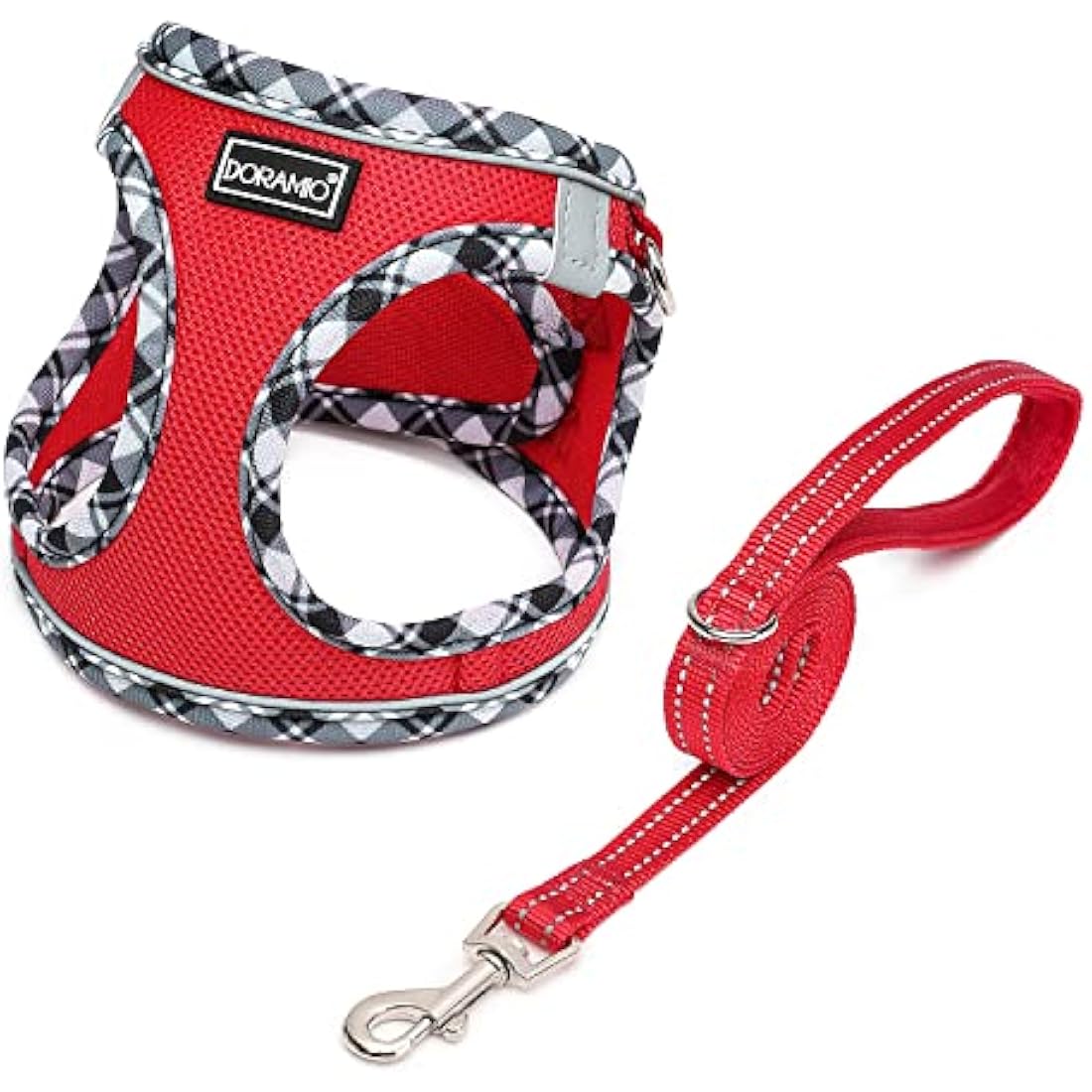 DORAMIO Step-in Dog Harness and Leash Set, Soft Mesh No-Chock Reflective Breathable Easy Walk Lightweight Vest Harnesses with Safety Buckle for Small Dogs, Cats, Puppies (Red, XL)