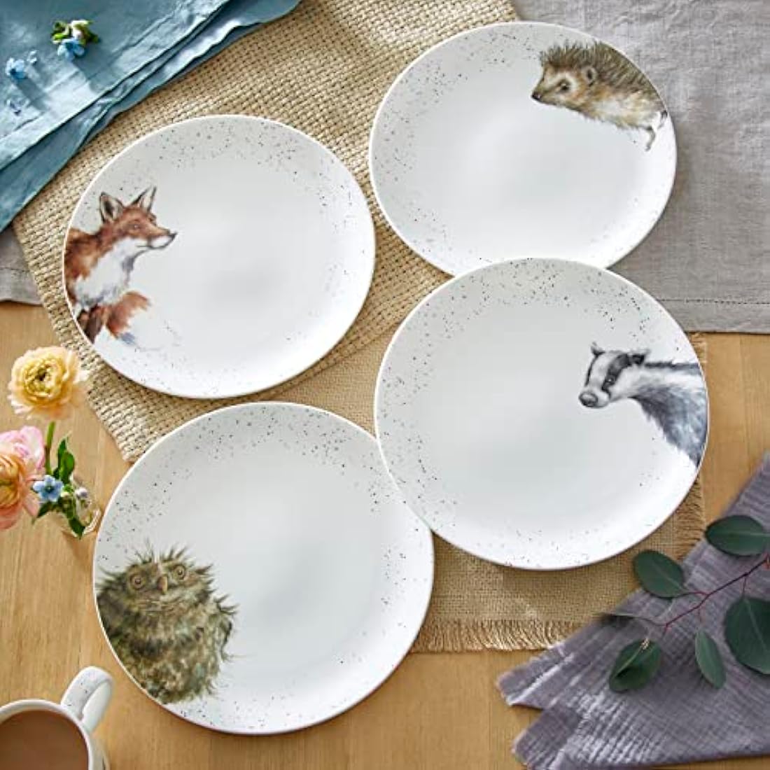 Wrendale Designs Royal Worcester Ceramic Plate in Two Sizes Hedgehog Badger Fox and Owl Set of 4 (26 CM Dinner Plate)