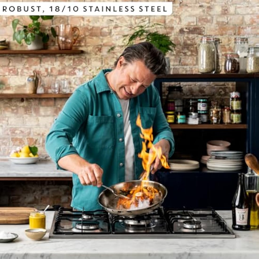 Jamie Oliver by Tefal Cook Smart 24cm Frying Pan, Uncoated Stainless Steel, Riveted Handle, Induction Safe, Thermo-Fusion Base, 90% Recycled Steel E3110455
