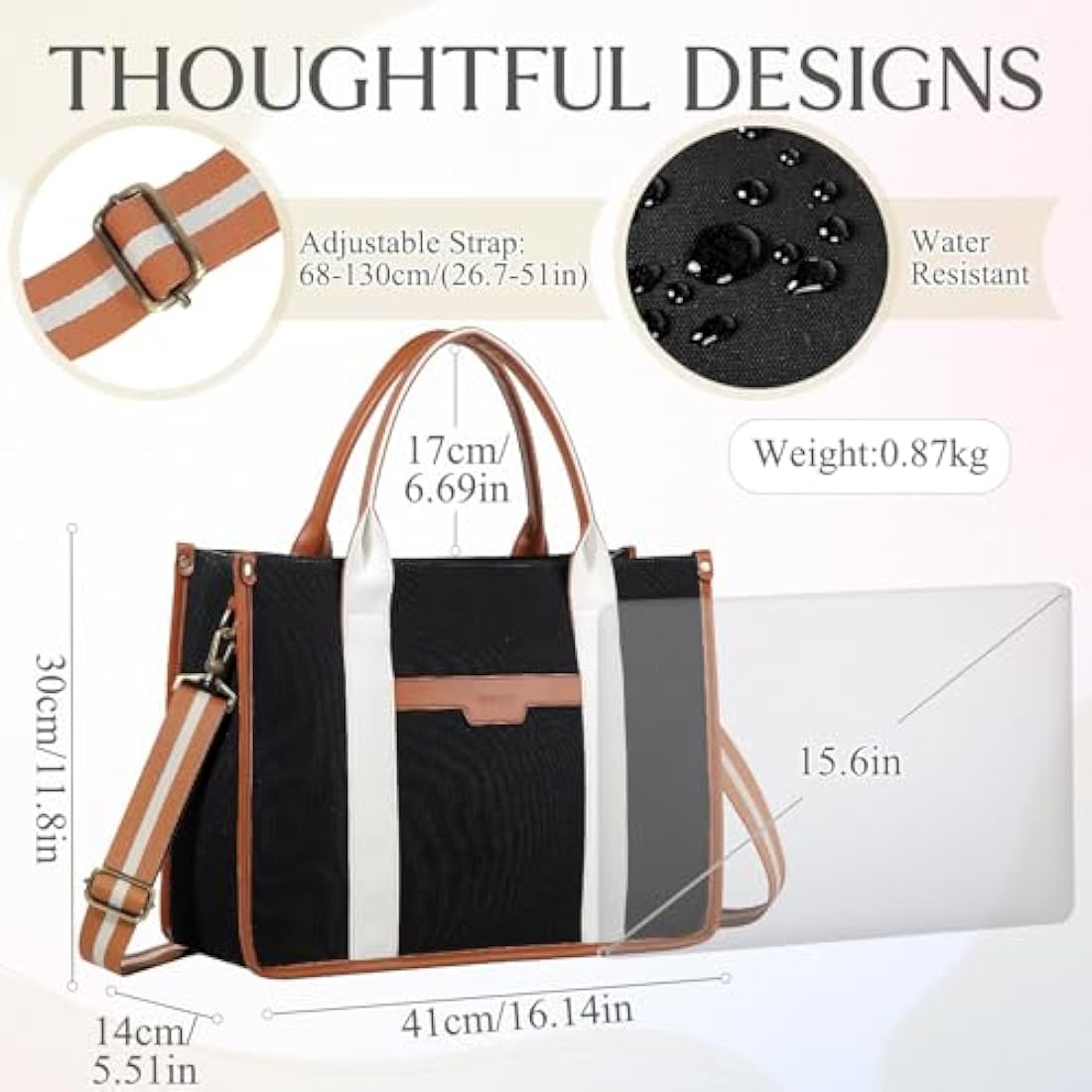 RAVUO Laptop Bag for Women, 15.6 Inch Large Canvas Tote Bag Ladies Teacher Purse and Handbag With Detachable Shoulder Strap