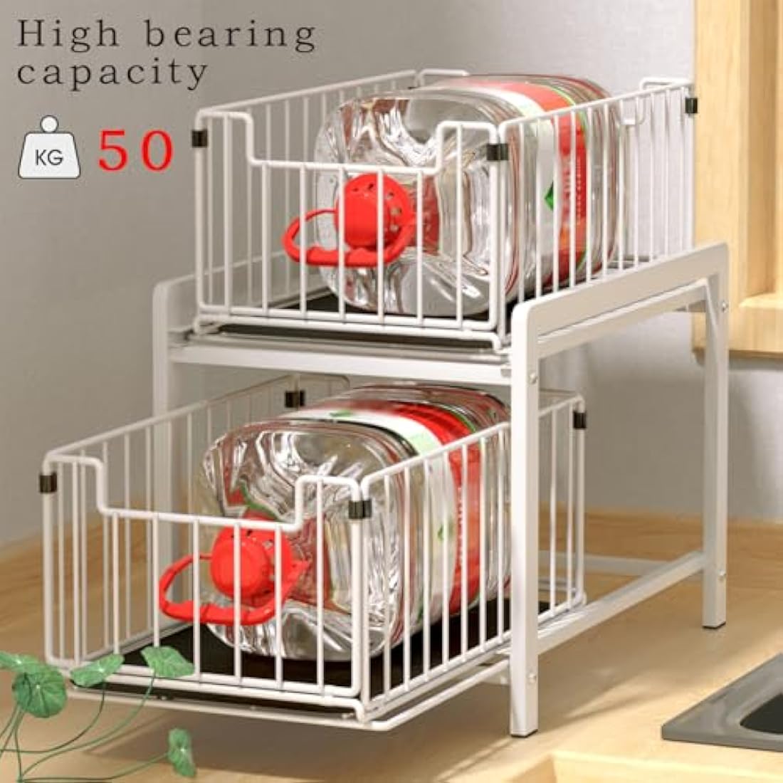 YunNasi Under Sink Storage 2-Tier Pull Out Sliding Basket for Cabinet Kitchen Cupboard Organiser Detachable Metal Storage Rack for Bathroom (Regular, WhiteWhite)