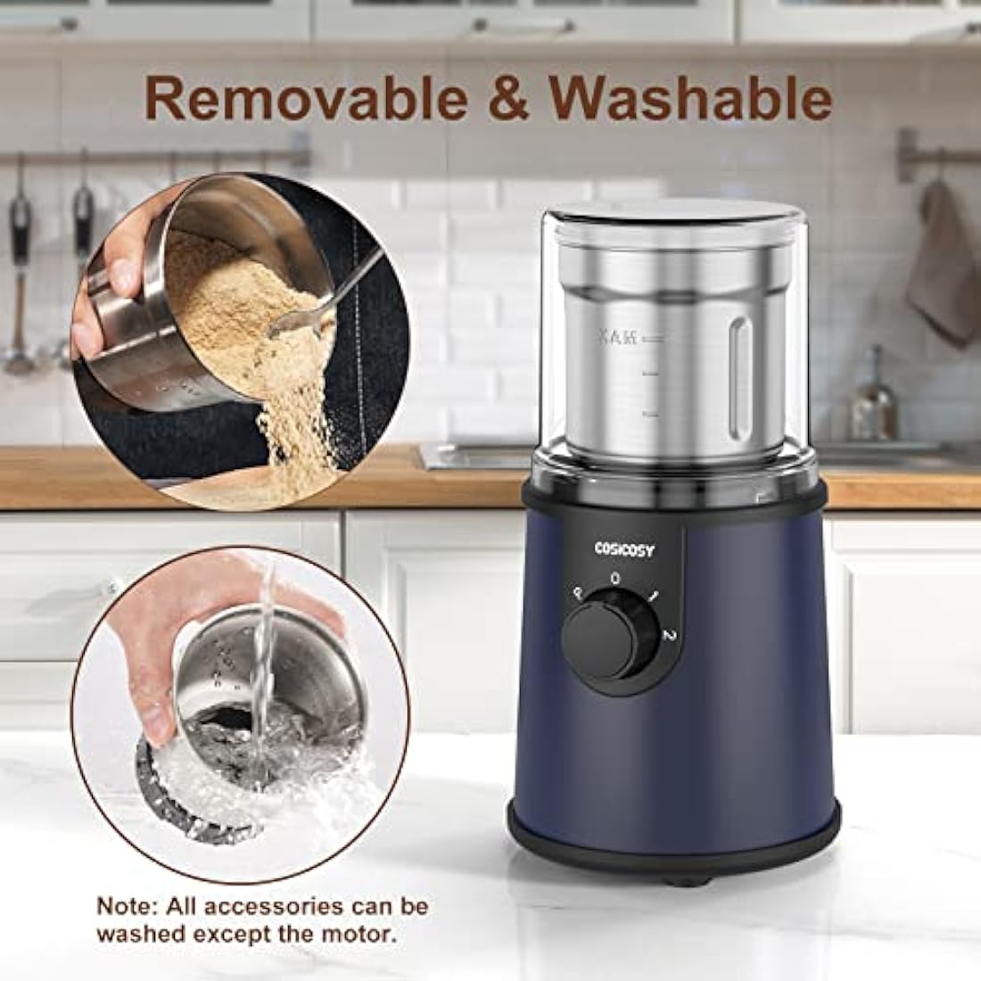Coffee Grinder Electric, COSICOSY Electric Spice Grinder with 304 Stainless Steel Blades Removable Bowls,350W Motor Coffee Bean Machine with Spoon Brush for Coffee Beans, Nuts, Pepper, Navy Blue