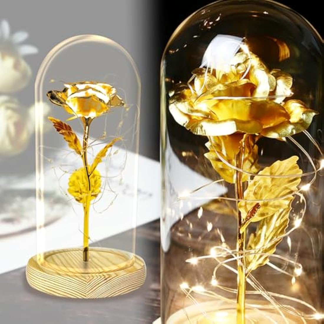 TINYOUTH 24K Golden Rose in Glass Dome, Gold Plated Light Up Flowers Batteries Included Rose Gifts for Women/Her/Mum Wedding Anniversary Valentines Birthday Xmas