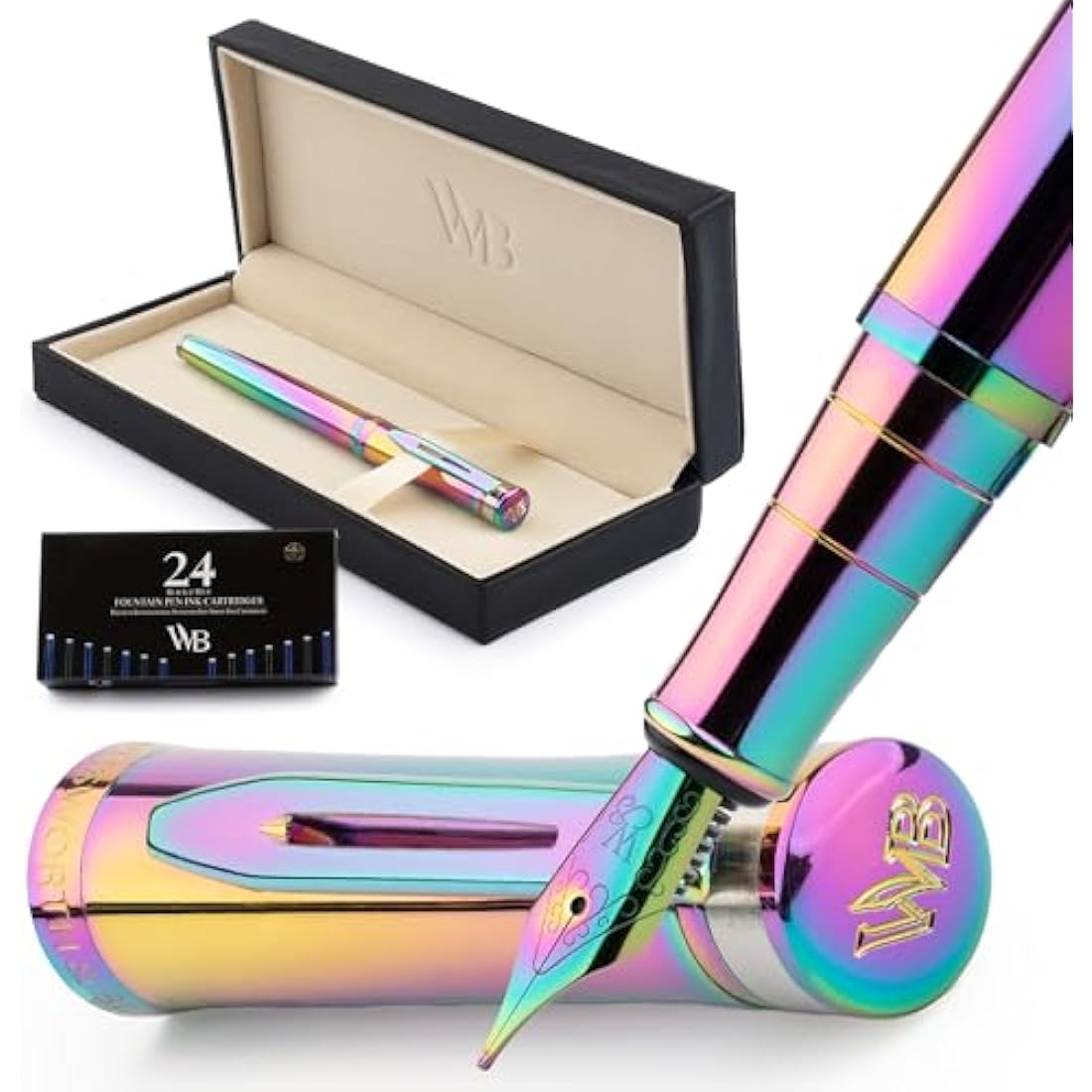 Wordsworth & Black Fountain Pen Set, 18K Gilded Medium Nib, Includes 24 Pack Ink Cartridges, Ink Refill Converter & Gift Box, Gold Finish, Calligraphy, [Rainbow], Perfect for Men & Women
