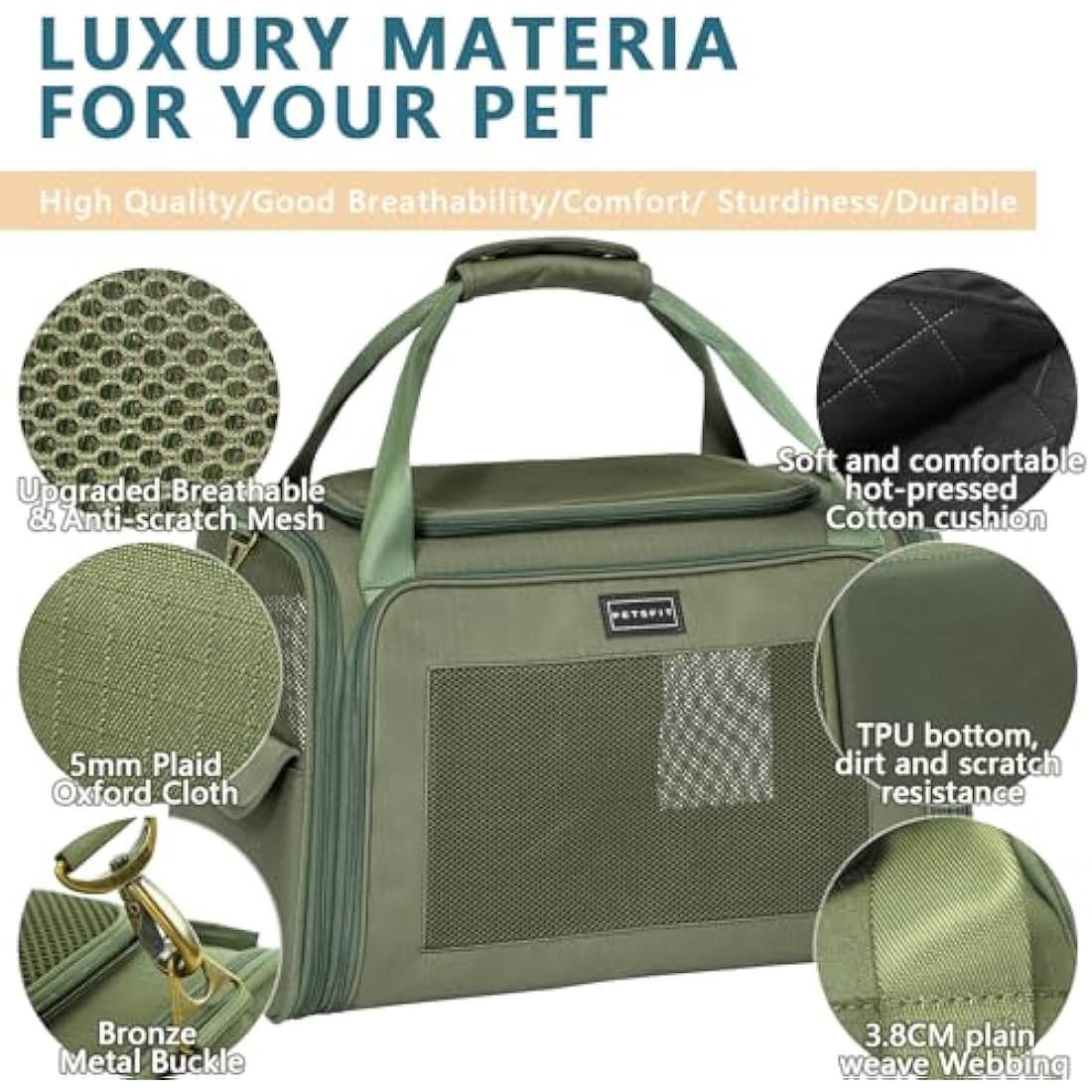 Petsfit Dog Carrier Soft Sided Travel Carrier, Lightweight Travel Use Pet Carrier for Small Dogs and Cats, with Expandable mat, Upgraded Large Space Soft Sided Pet Cat Carrier, Olive Green