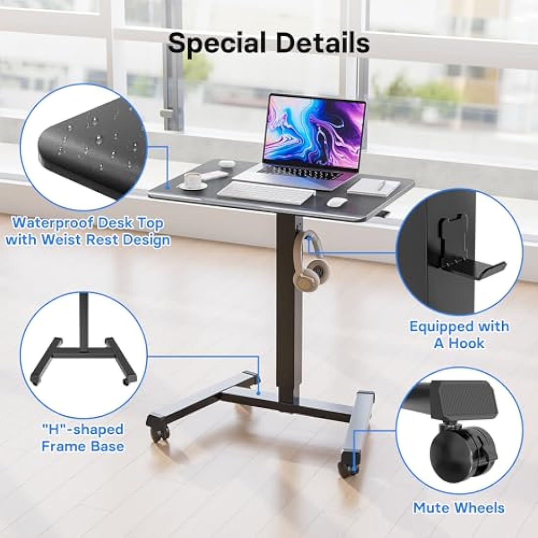 BONTEC 65×45 cm Mobile Standing Desk with 4 Rolling Castors, Height Adjustable Desk on Wheels, Portable Stand Up Desk, Over-Bed Table for Living Room, Bedroom, Medical Use, Ergonomic, Space Saving