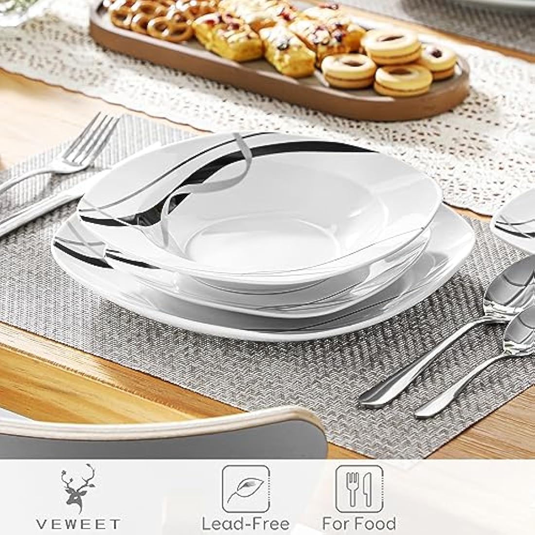 VEWEET 'Fiona' 30-Piece Dinner Set Ivory White Black Lines Porcelain China Ceramic Combination Sets with Dessert Plates/Soup Plates/Dinner Plates/Cups/Saucers, Service for 6