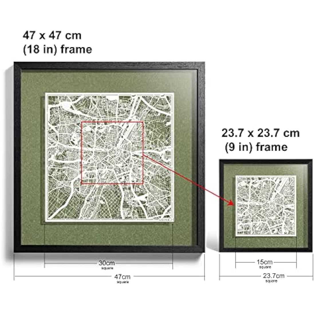 O3 DESIGN STUDIO Munich Marco de Papel para mapas, White map, Black frame, 9x9 inches, Gift Boxed, 4 background color, self-changing, Paper Art