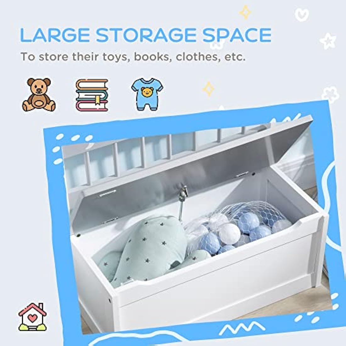 ZONEKIZ 2 In 1 Wooden Toy Box, Kids Storage Bench, Toy Chest with Safety Rod - Grey