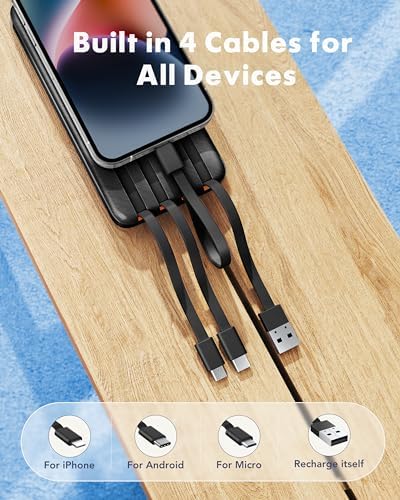 Charmast Power Bank, 20,000mAh Built-in 4 Cables Portable Charger, 20W Fast Charging Battery Pack with 4 Ports, USB-C Powerbank for iPhone 16/15/14 Series, iPad, AirPods, Android Phone,and more(Black)