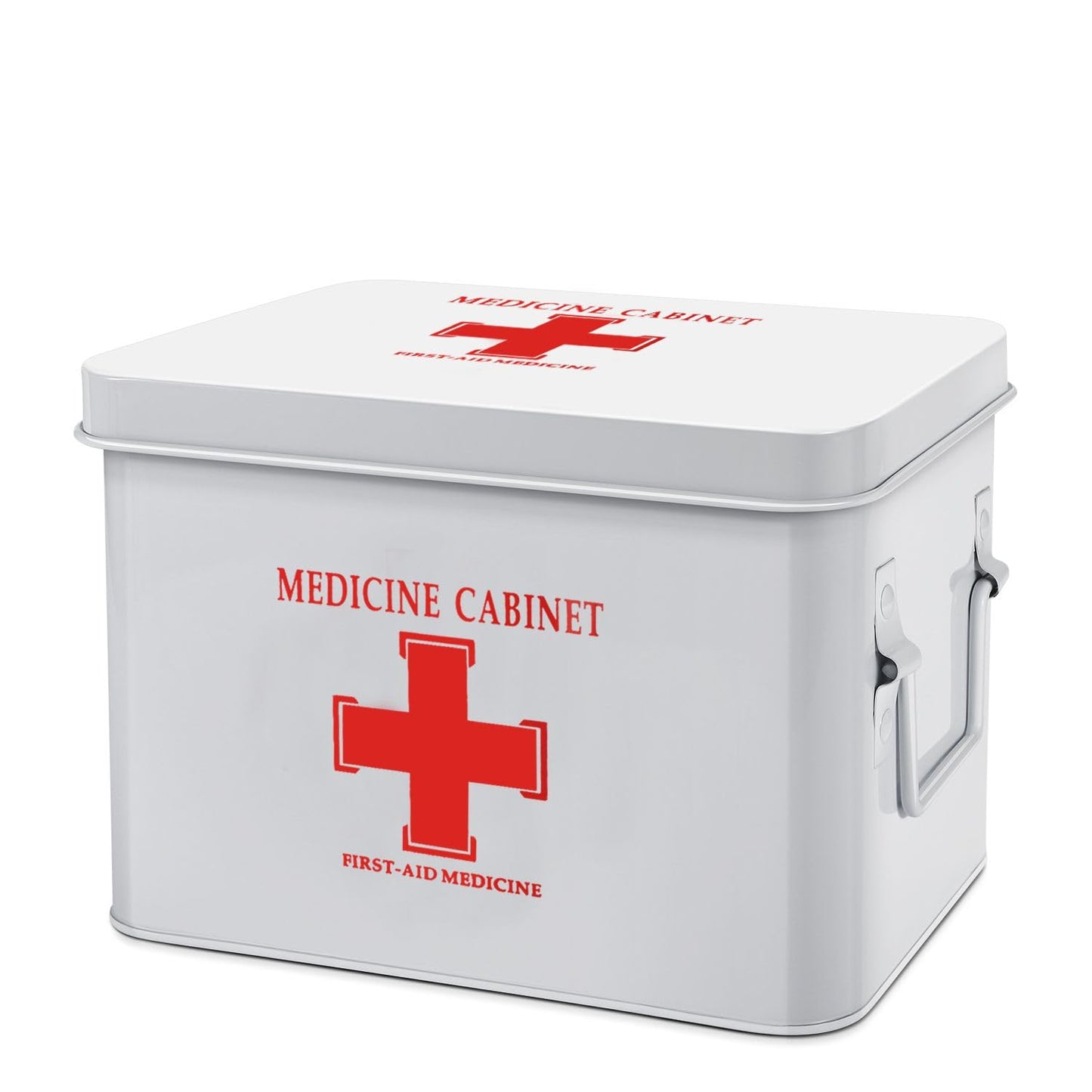 Flexzion First Aid Box Organizer, Empty 8.5 Inch White Vintage First Aid Kit Tin Metal Medical Box First Aid Storage Box Container Bins with Dividers,